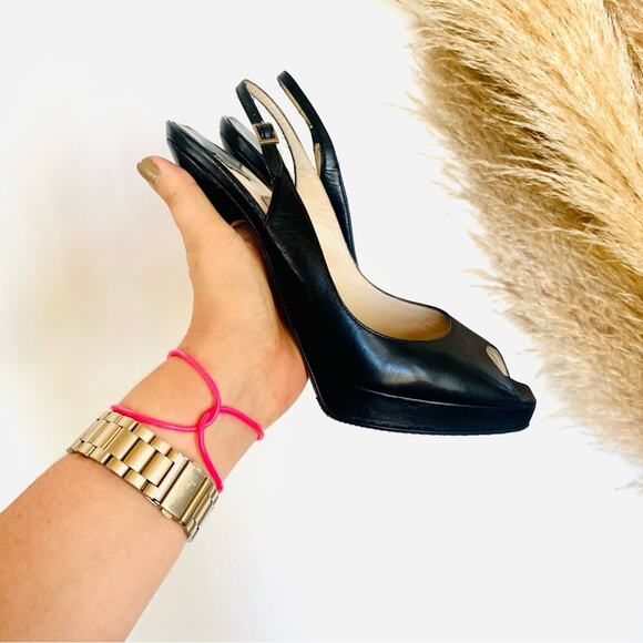 JIMMY CHOO Classic Black Leather Open Peep Toe Heeled Slingback Sandals Shoes 38 - Picture 13 of 16